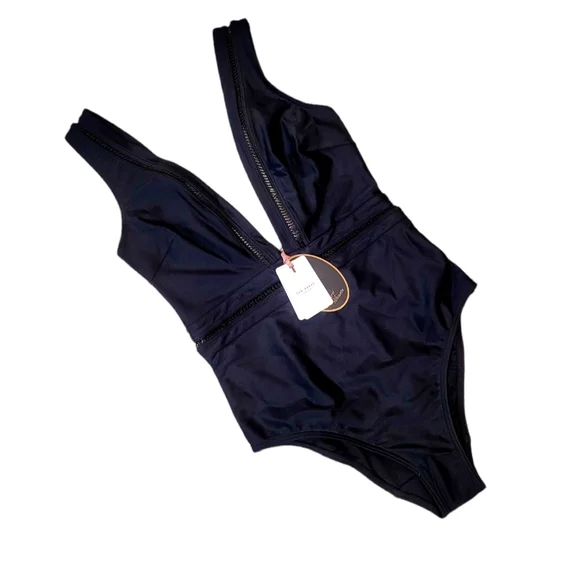 NWT Ted Baker Pointelle Deep V Plunge Swimsuit in Black 4 - Picture 4 of 11